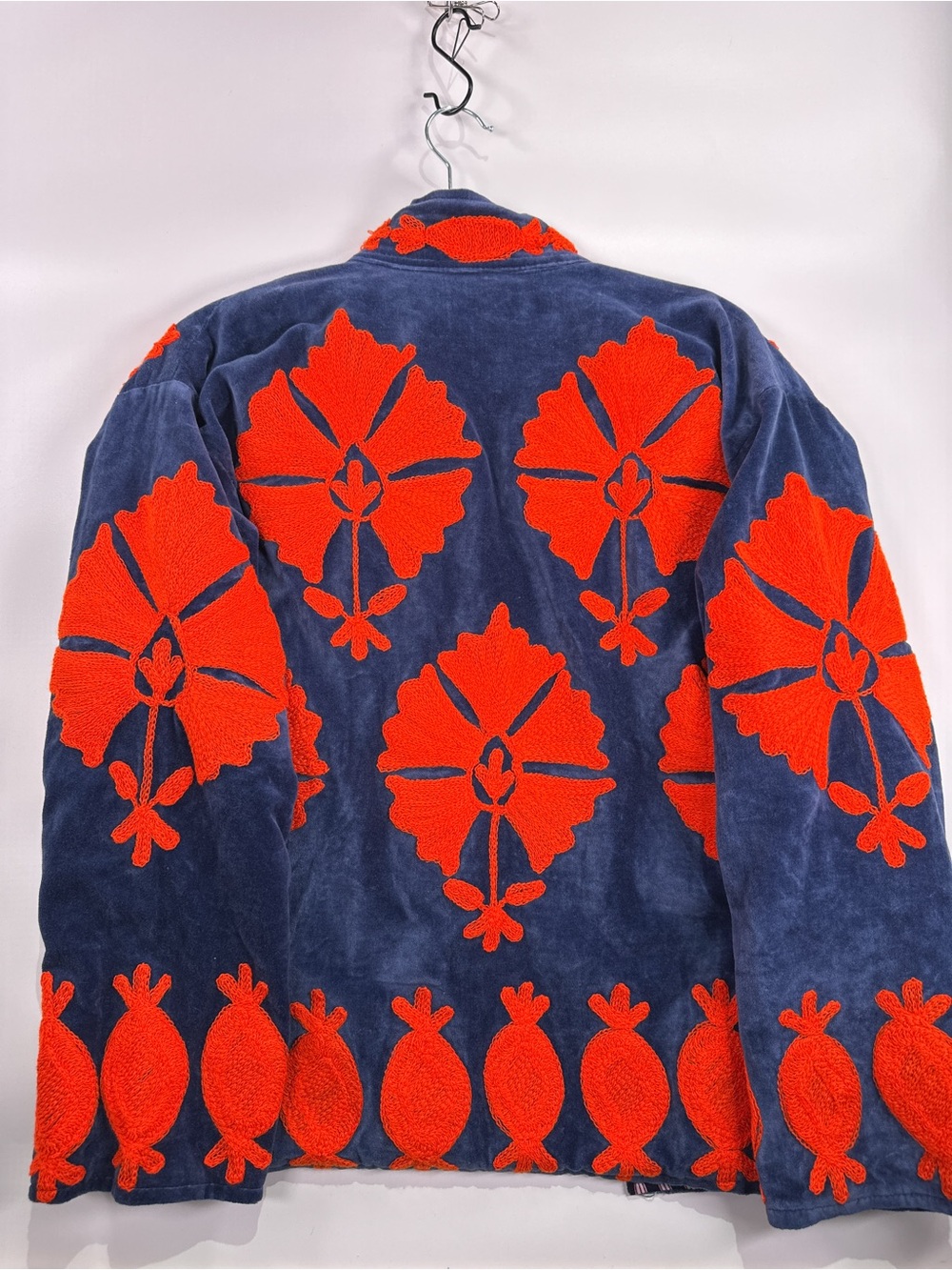 Vintage Velvet Floral Appliqué Jacket Blue Orange Striped Lined Fits Size M L - Picture 6 of 10